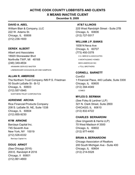 ACTIVE COOK COUNTY LOBBYISTS and CLIENTS X MEANS INACTIVE CLIENT December 9, 2009