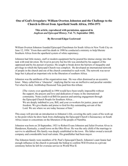 One of God's Irregulars: William Overton Johnston and the Challenge to the Church to Divest from Apartheid South Africa, 1954-1971