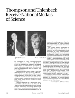 Thompson and Uhlenbeck Receive National Medals of Science, Volume 48, Number 3