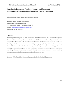 Sustainably Developing City by Its Leaders and Community, Case of Puerto Princesa City of Island Palawan the Philippines