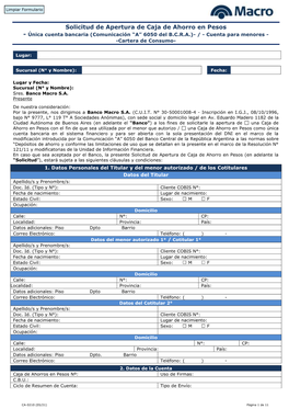 Solicitud De Apertura De Caja De Ahorro En Pesos - Única Cuenta Bancaria (Comunicación “A” 6050 Del B.C.R.A.)- / - Cuenta Para Menores - -Cartera De Consumo