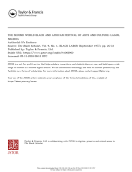 THE SECOND WORLD BLACK and AFRICAN FESTIVAL of ARTS and CULTURE: LAGOS, NIGERIA Author(S): Ife Enohoro Source: the Black Scholar, Vol