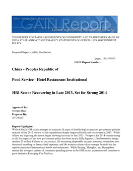 HRI Sector Recovering in Late 2013, Set for Strong 2014 Food Service