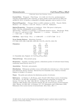 Metatorbernite Cu(UO2)2(PO4)2 • 8H2O C 2001-2005 Mineral Data Publishing, Version 1