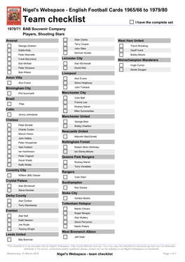 Team Checklist I Have the Complete Set 1970/71 BAB Souvenir Company Players, Shooting Stars