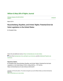 Rauschenberg, Royalties, and Artists' Rights: Potential Droit De Suite Legislation in the United States