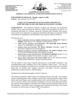 2006 LGBT Pride Recognition Awards Honorees California State Assembly Floor Session, Monday, August 14, 2006, 1 P.M