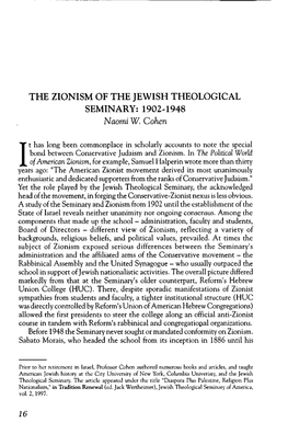 THE ZIONISM of the JEWISH THEOLOGICAL SEMINARY: 1902-1948 Naomi W