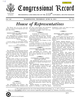 Congressional Record United States Th of America PROCEEDINGS and DEBATES of the 113 CONGRESS, SECOND SESSION