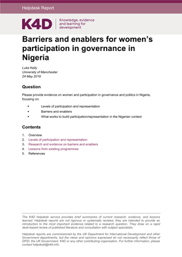 Barriers and Enablers for Women's Participation in Governance in Nigeria