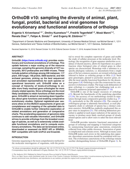 Orthodb V10: Sampling the Diversity of Animal, Plant, Fungal, Protist, Bacterial and Viral Genomes for Evolutionary and Functional Annotations of Orthologs Evgenia V