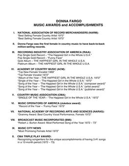 DONNA FARGO MUSIC AWARDS and ACCOMPLISHMENTS