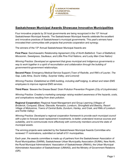 Saskatchewan Municipal Awards Showcase Innovative Municipalities