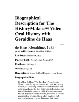 Biographical Description for the Historymakers® Video Oral History with Geraldine De Haas