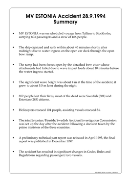 MV ESTONIA Accident 28.9.1994 Summary