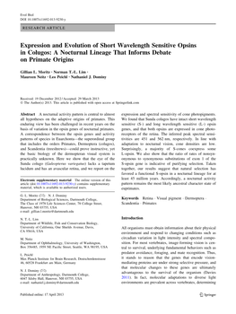 Expression and Evolution of Short Wavelength Sensitive Opsins in Colugos: a Nocturnal Lineage That Informs Debate on Primate Origins