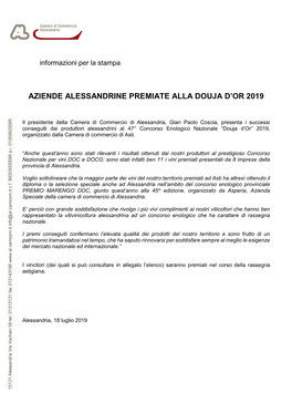 Aziende Alessandrine Premiate Alla Douja D'or 2019