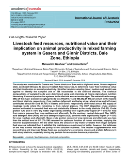 Livestock Feed Resources, Nutritional Value and Their Implication on Animal Productivity in Mixed Farming System in Gasera and Ginnir Districts, Bale Zone, Ethiopia