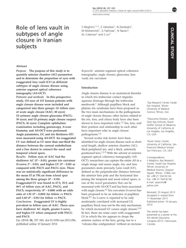 Role of Lens Vault in Subtypes of Angle Closure in Iranian Subjects