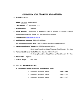 Curriculum Vitae of Onikepe Abiola Folarin A