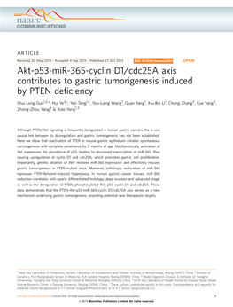 Akt-P53-Mir-365-Cyclin D1/Cdc25a Axis Contributes to Gastric Tumorigenesis Induced by PTEN Deﬁciency