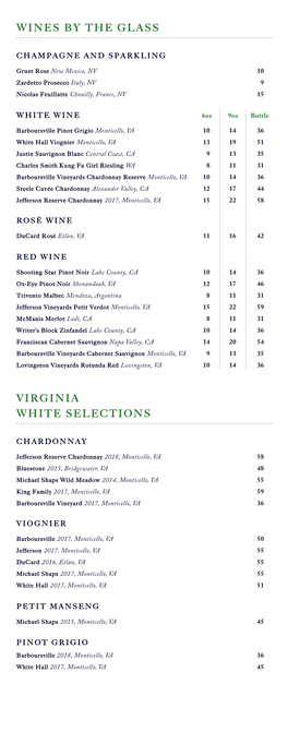 Wines by the Glass Virginia White Selections