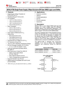 Single Power Supply 2-Input Exclusive-OR Gate CMOS Logic Level Shifter 1 Features 2 Applications