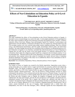 Effects of Neo-Colonialism on Education Policy at O-Level Education in Uganda