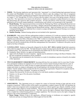 1. TERMS. This Housing Application and Agreement (This “Agreement”) Is a Formal Binding Legal Agreement Between the Student