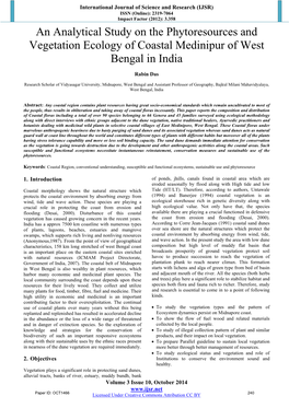 An Analytical Study on the Phytoresources and Vegetation Ecology of Coastal Medinipur of West Bengal in India