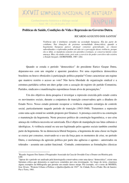 Políticas De Saúde, Condições De Vida E Repressão No Governo Dutra