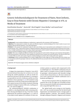 Generic Sofosbuvir/Ledipasvir for Treatment of Naïve, Non-Cirrhotic, Easy to Treat Patients with Chronic Hepatitis C Genotype 4: 8 Vs