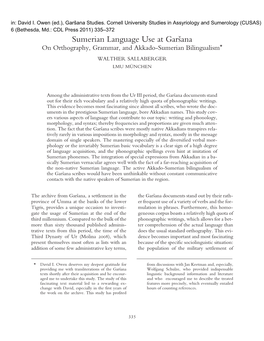 Sumerian Language Use at Garíana on Orthography, Grammar, and Akkado-Sumerian Bilingualism* WALTHER SALLABERGER LMU MÜNCHEN