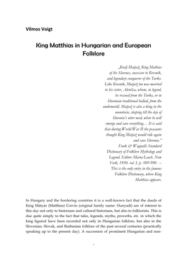 Mátyás Király a Magyar És Európai Folklórban