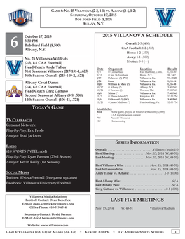 2015 VILLANOVA SCHEDULE 3:30 PM Bob Ford Field (8,500) Overall: 2-3 (.400) 6 CAA Football: 1-2 (.333) Albany, N.Y