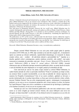 GIDNI 768 MIHAIL SEBASTIAN, the ESSAYIST Ariana Bălaşa, Assist. Prof., Phd, University of Craiova Despre Eseistul Mihail Sebas