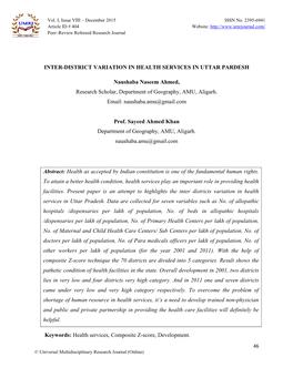 Inter-District Variation in Health Services in Uttar Pardesh