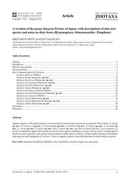 Zootaxa, a Revision of the Genus Zatypota Förster of Japan, With