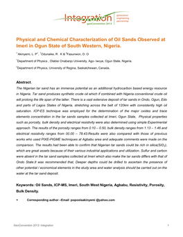 Physical and Chemical Characterization of Oil Sands Observed at Imeri in Ogun State of South Western, Nigeria