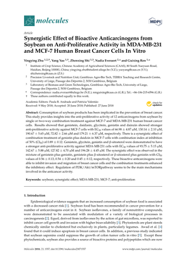 Synergistic Effect of Bioactive Anticarcinogens from Soybean on Anti-Proliferative Activity in MDA-MB-231 and MCF-7 Human Breast Cancer Cells in Vitro