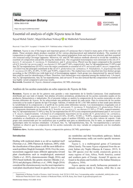 Essential Oil Analysis of Eight Nepeta Taxa in Iran Seyed Mehdi Talebi1, Majid Ghorbani Nohooji2 & Mahbobeh Yarmohammadi1