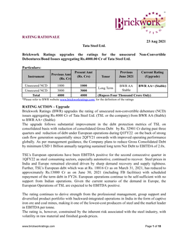 RATING RATIONALE 23 Aug 2021 Tata Steel Ltd. Brickwork Ratings