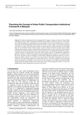 Theorizing the Concept of Urban Public Transportation Institutional Framework in Malaysia