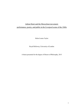 Adrian Henri and the Merseybeat Movement: Performance, Poetry, and Public in the Liverpool Scene of the 1960S