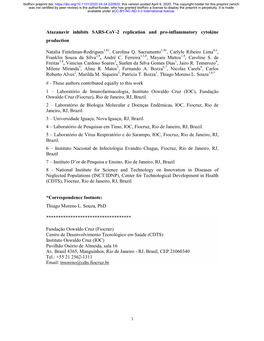 Atazanavir Inhibits SARS-Cov-2 Replication and Pro-Inflammatory Cytokine Production