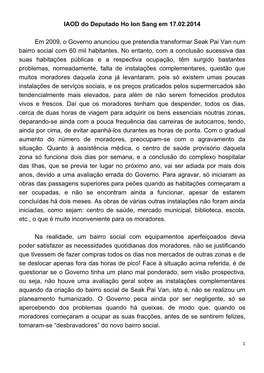 IAOD Do Deputado Ho Ion Sang Em 17.02.2014 Em 2009, O Governo Anunciou Que Pretendia Transformar Seak Pai Van Num Bairro Social