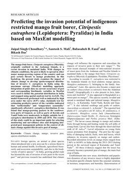 Predicting the Invasion Potential of Indigenous Restricted Mango Fruit Borer, Citripestis Eutraphera (Lepidoptera: Pyralidae) in India Based on Maxent Modelling