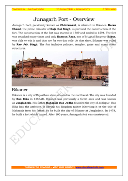 Junagarh Fort - Overview Junagarh Fort, Previously Known As Chintamani, Is Situated in Bikaner