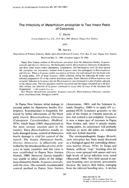 The Infectivity of Metarhizium Anisopliae to Two Insect Pests of Coconuts C