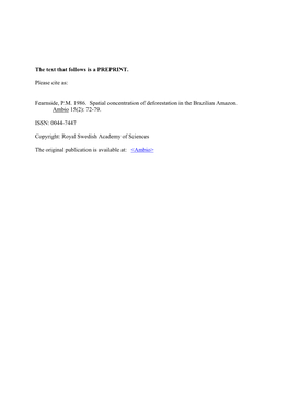 Fearnside, PM 1986. Spatial Concentration of Deforestation in The